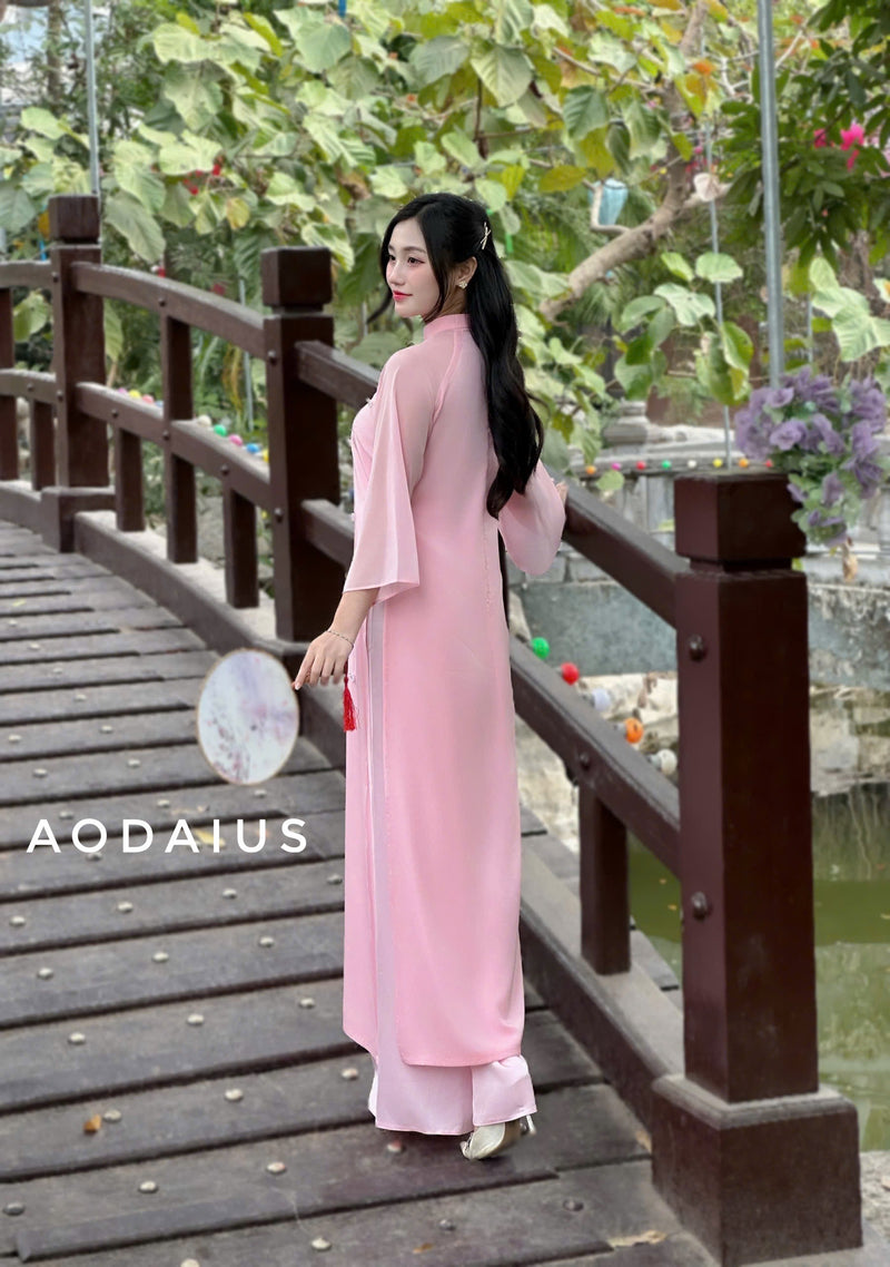 Pink Floral Ao Dai For Women Vietnamese Modernized Dress