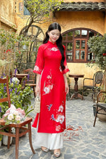 Pre-made Modernized Ao Dai Set | Red Modernized Vietnamese Ao Dai | Áo Dài Cách Tân