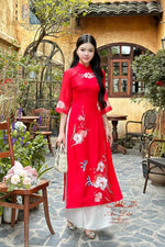 Pre-made Modernized Ao Dai Set | Red Modernized Vietnamese Ao Dai | Áo Dài Cách Tân