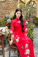 Pre-made Modernized Ao Dai Set | Red Modernized Vietnamese Ao Dai | Áo Dài Cách Tân