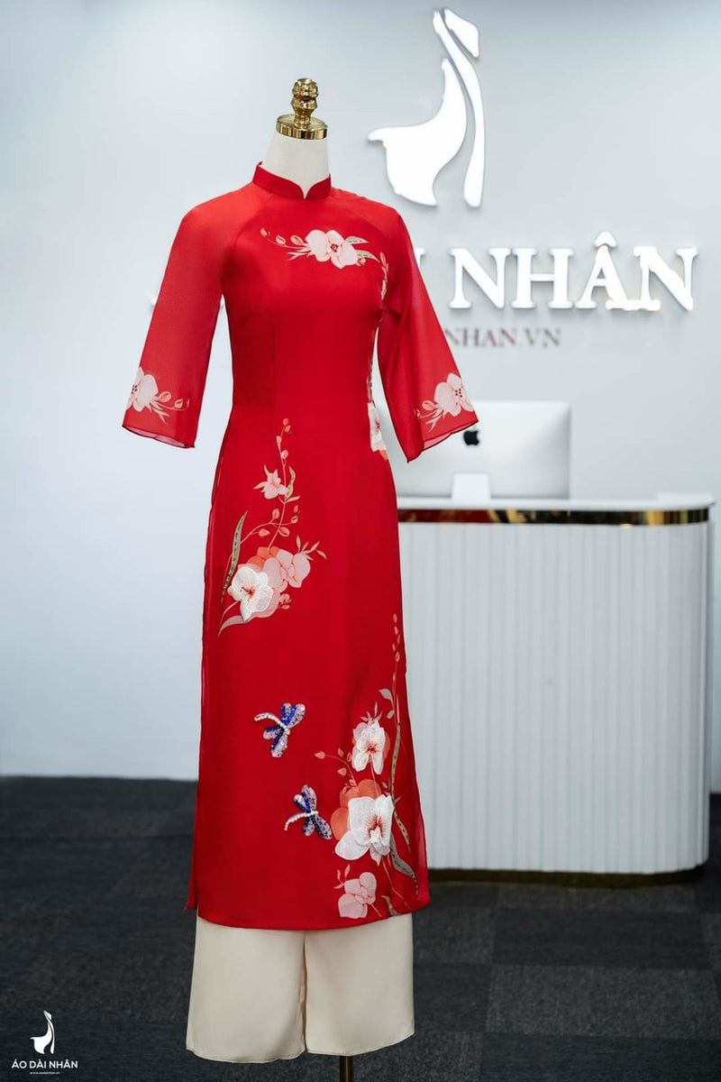 Pre-made Modernized Ao Dai Set | Red Modernized Vietnamese Ao Dai | Áo Dài Cách Tân