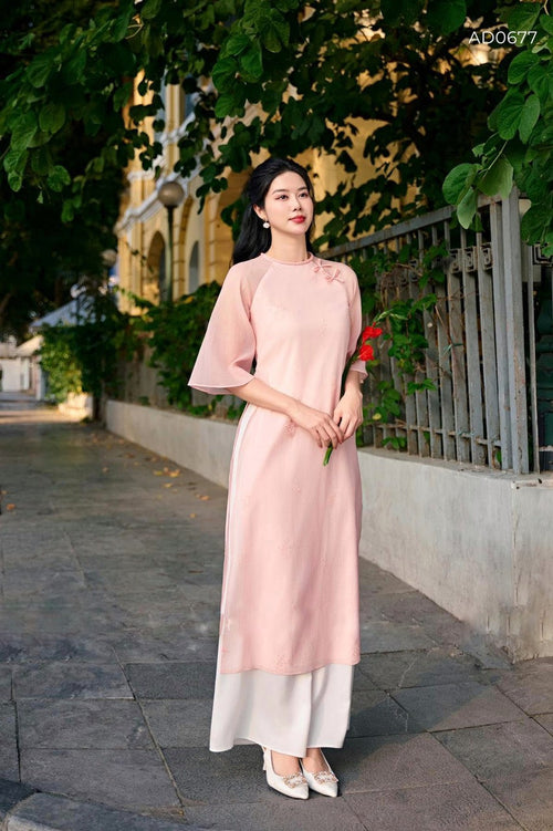 Mom& Daughter Modernized Ao Dai Set | Pastel Pink Modern Vietnamese Ao Dai | Áo Dài Cách Tân E27