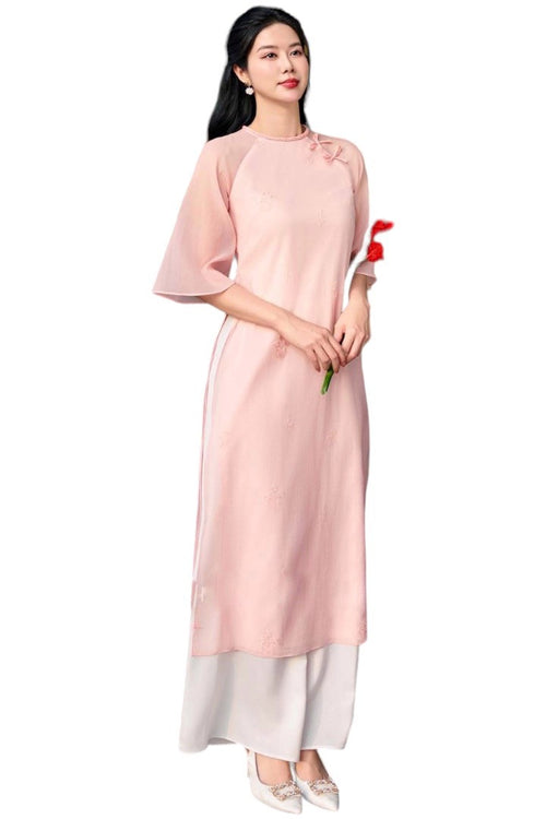 Pre-made Modernized Ao Dai Set | Pastel Pink Modern Vietnamese Ao Dai | Áo Dài Cách Tân