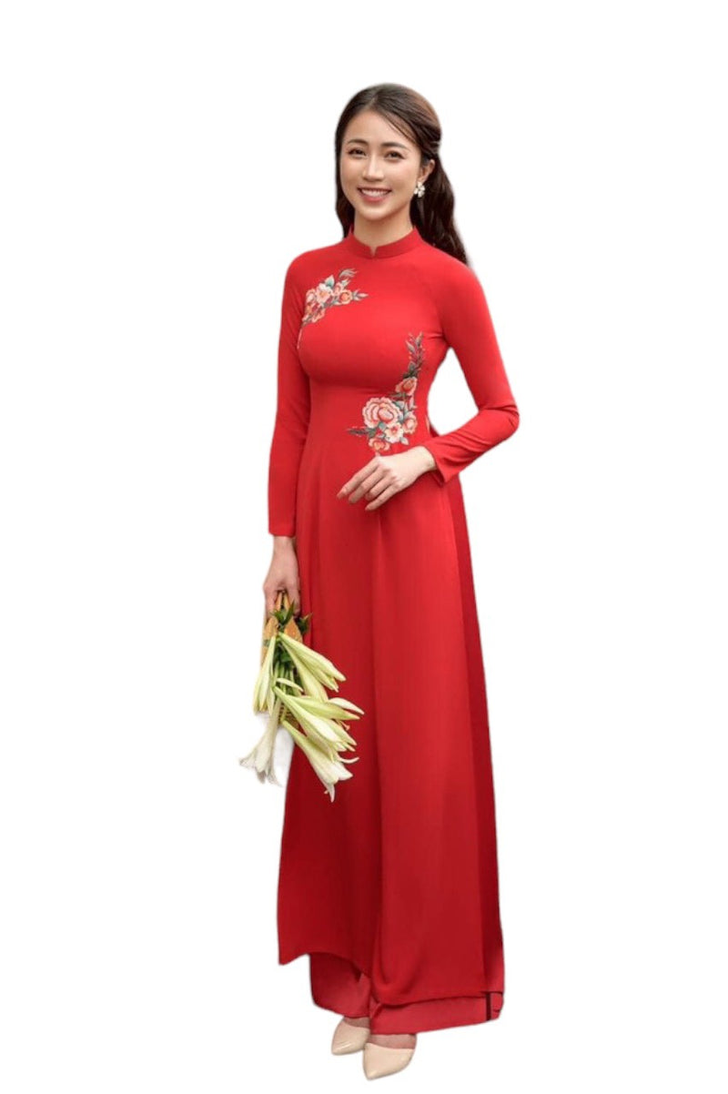 Red Embroidered Traditional Dress | Traditional Ao Dai Vietnamese| Áo Dài Truyền Thống-KN25