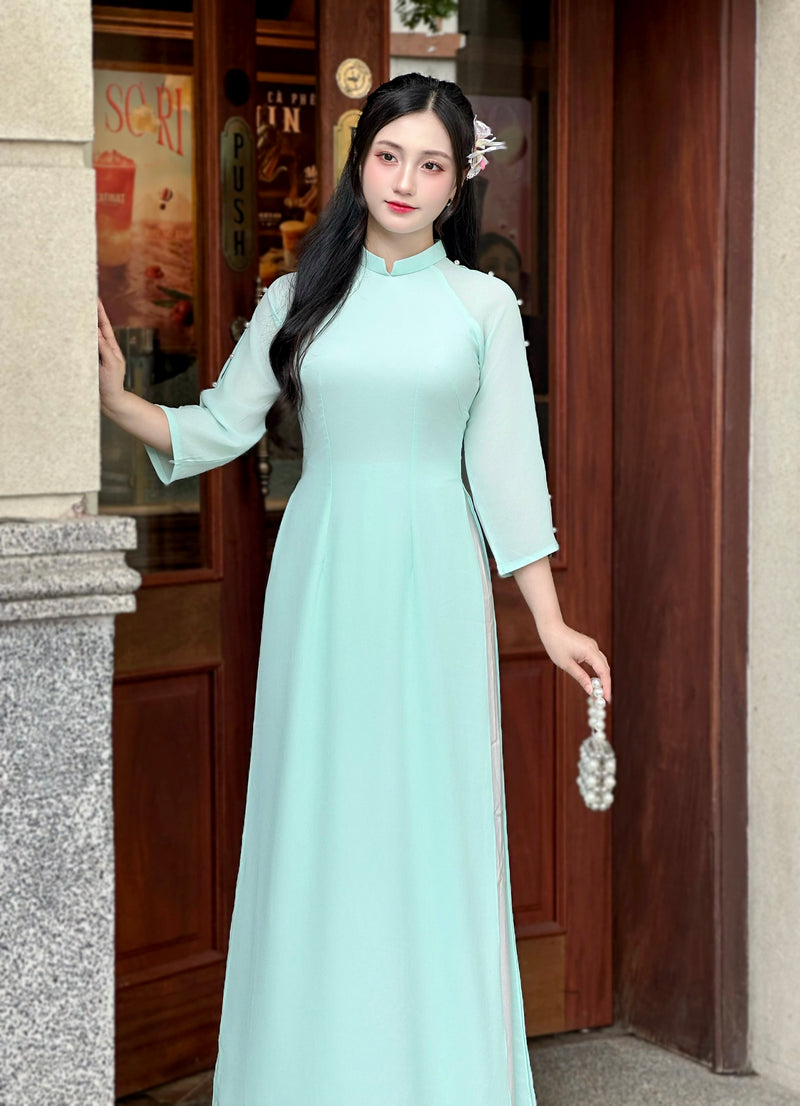Aqua Ao Dai Chiffon | Vietnamese Long Dress - No Pants | Áo Dài Truyền Thống