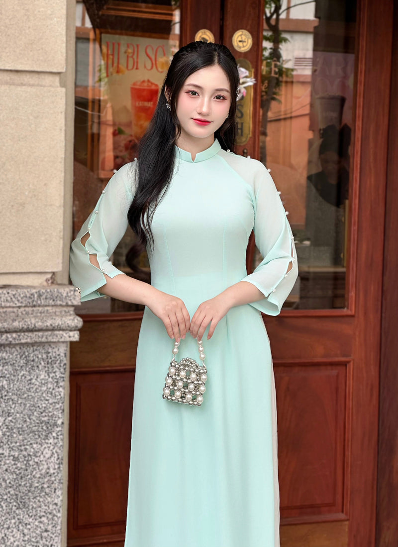 Aqua Ao Dai Chiffon | Vietnamese Long Dress - No Pants | Áo Dài Truyền Thống