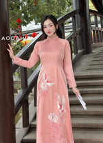 Pink Crane Embroidered Ao Dai For Women NO Pants | Áo Dài Truyền Thống