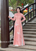 Pink Crane Embroidered Ao Dai For Women NO Pants | Áo Dài Truyền Thống