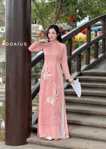 Pink Crane Embroidered Ao Dai For Women NO Pants | Áo Dài Truyền Thống