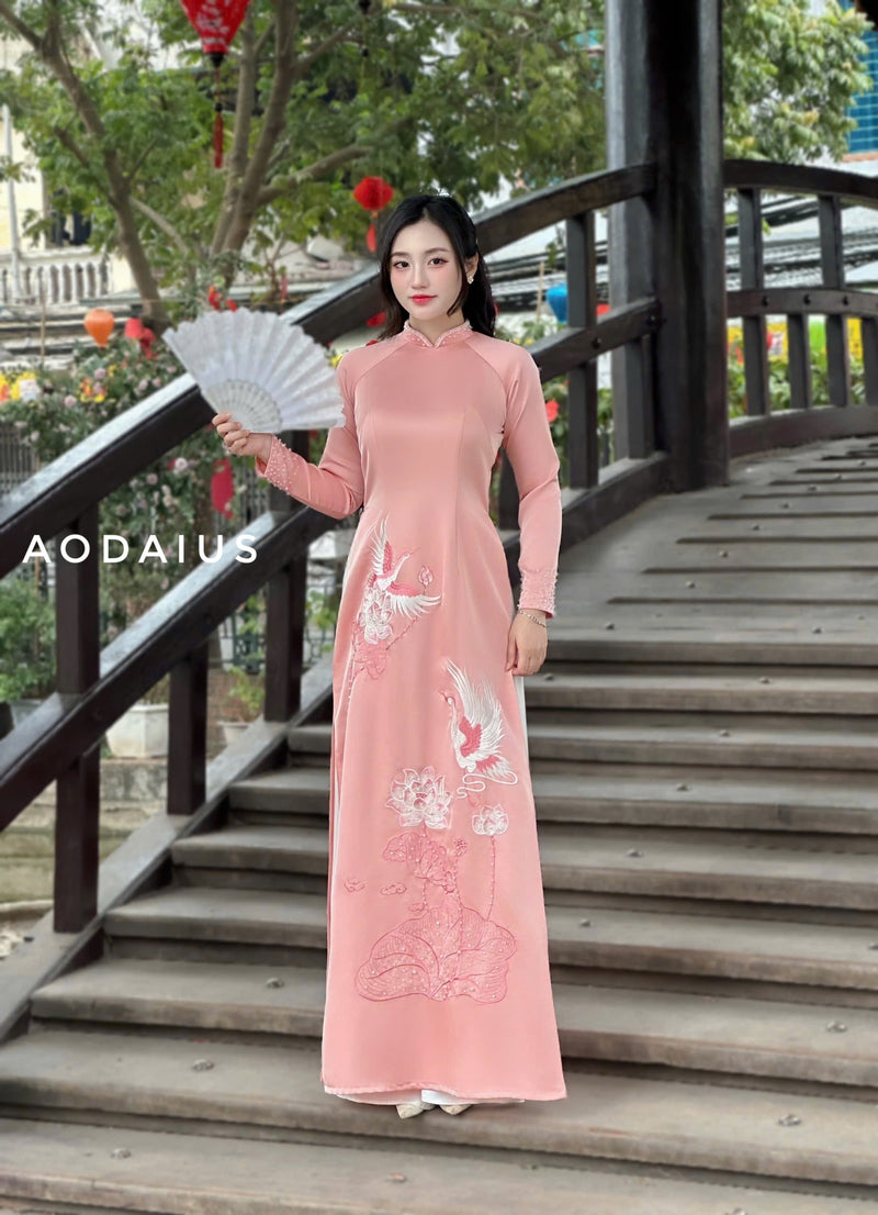 Pink Crane Embroidered Ao Dai For Women NO Pants | Áo Dài Truyền Thống