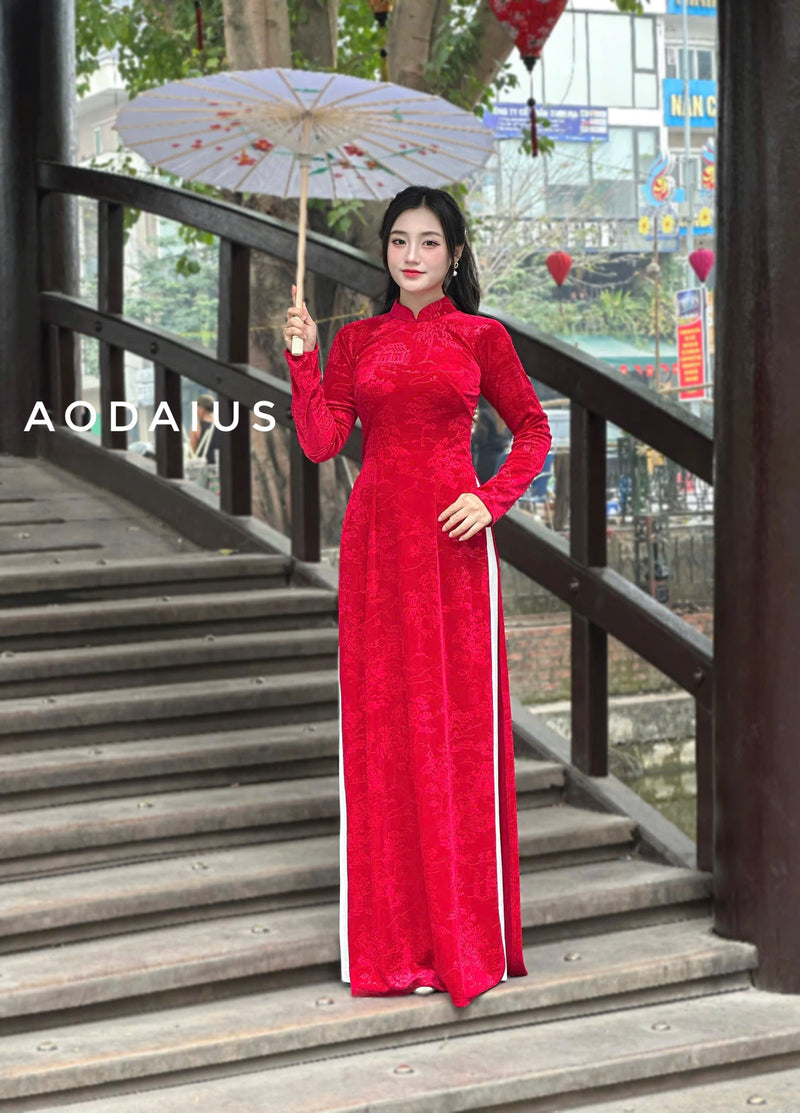 Red Velvet Ao Dai For Women NO Pants | Áo Dài Truyền Thống