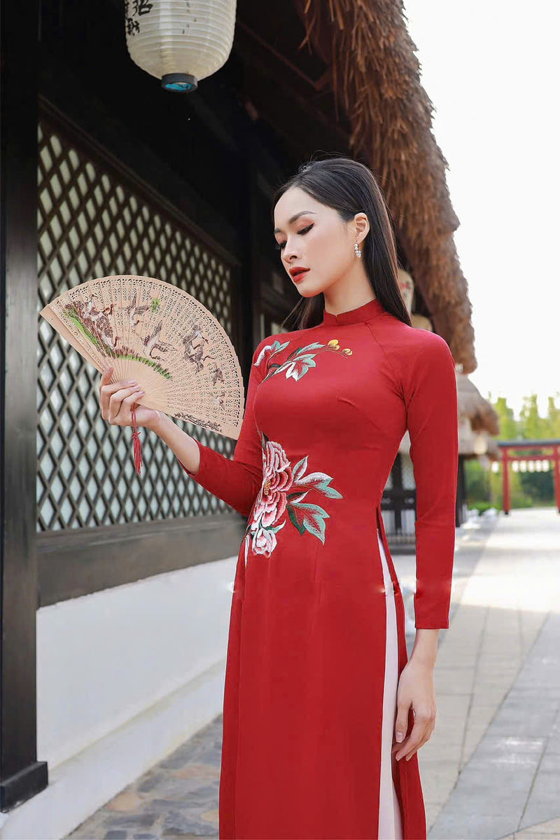 Red Embroireded Vietnamese Ao Dai For Women | Ao Dai Viet Nam | Áo Dài Truyền Thống C29