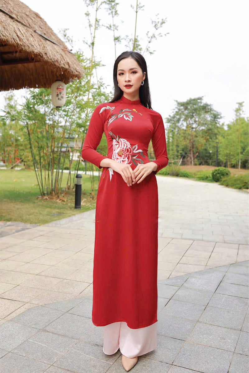 Red Embroireded Vietnamese Ao Dai For Women | Ao Dai Viet Nam | Áo Dài Truyền Thống C29