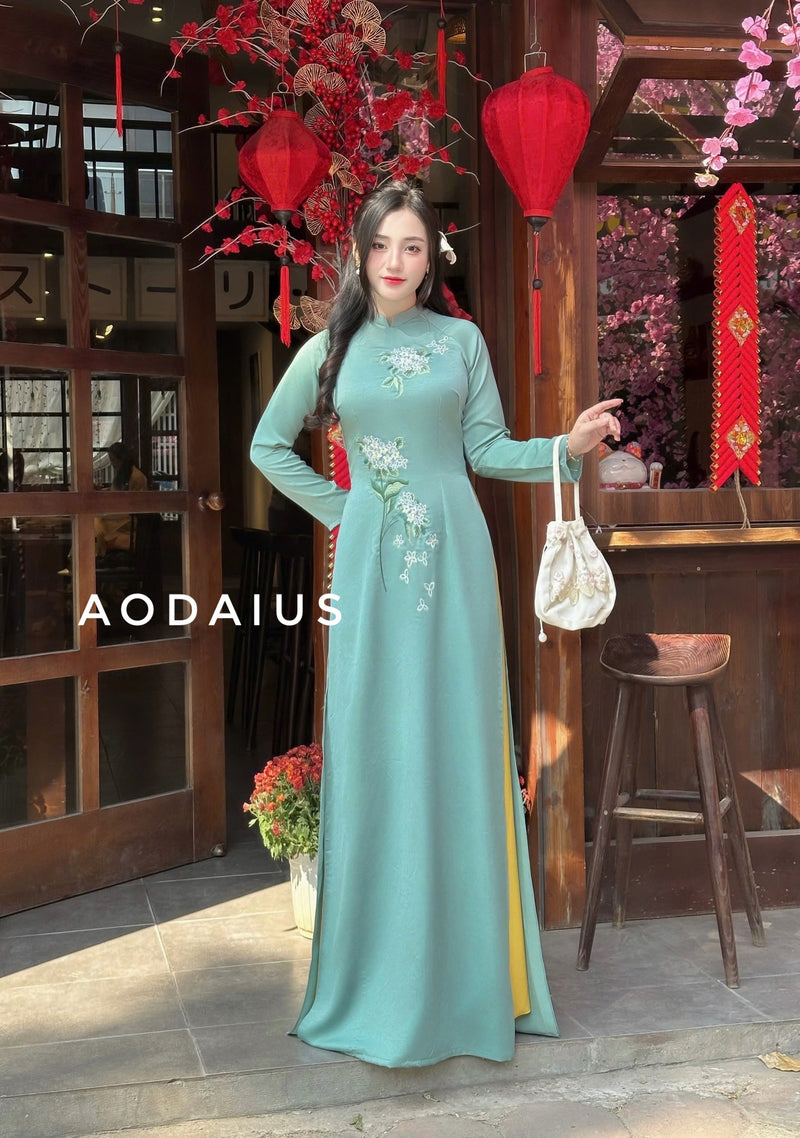 Mint Floral Embroidered Ao Dai For Women With Pants | Áo Dài Truyền Thống