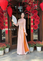 Pink Ao Dai Dress With Orange Embroidered For Women | Áo Dài Truyền Thống