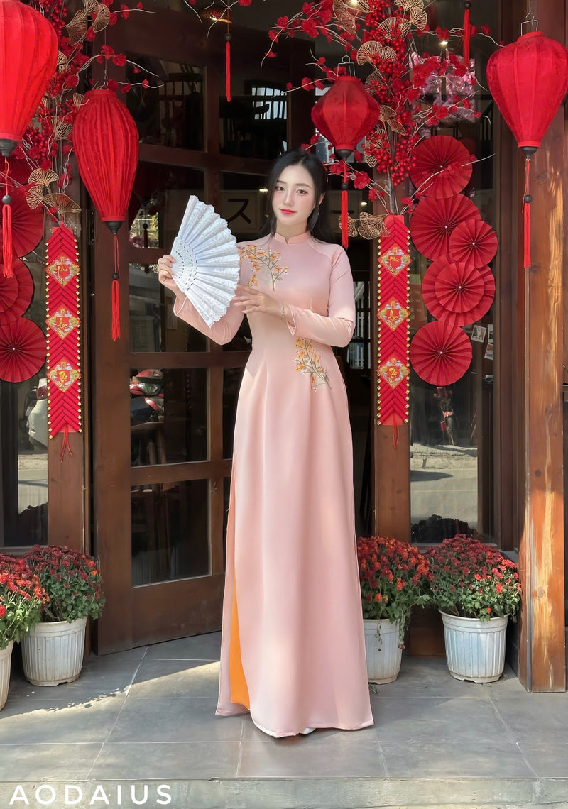 Pink Ao Dai Dress With Orange Embroidered For Women | Áo Dài Truyền Thống