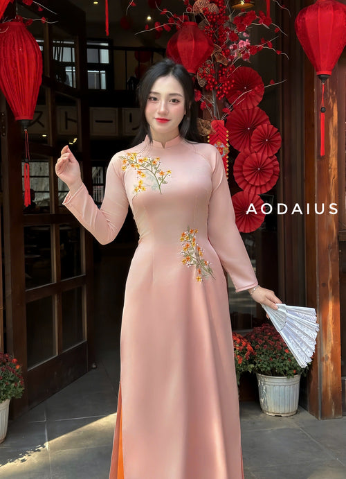 Pink Ao Dai Dress With Orange Embroidered For Women | Áo Dài Truyền Thống B26