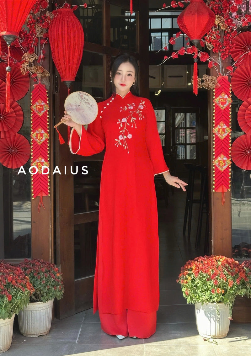 Red  Ao Dai Dress With Loose Style For Women | Áo Dài Truyền Thống