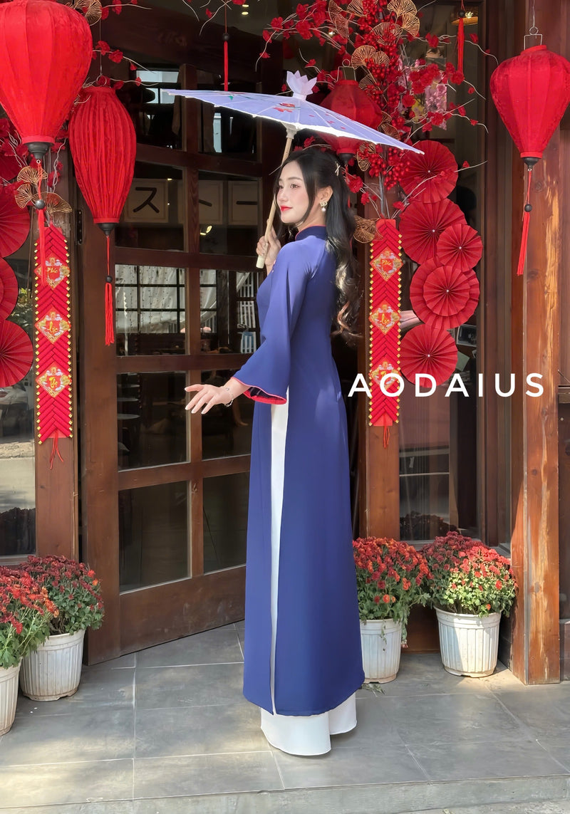 Navy Blue Ao Dai Dress With Loose Style For Women | Áo Dài Truyền Thống