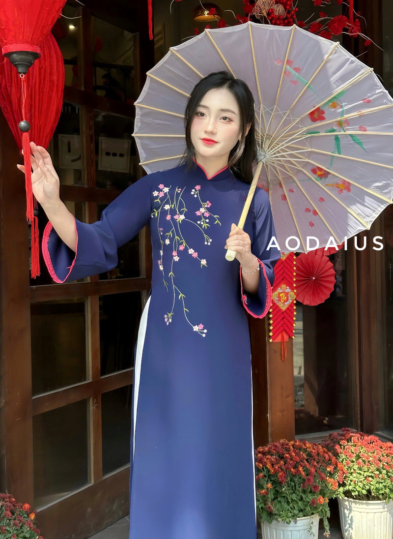 Navy Blue Ao Dai Dress With Loose Style For Women | Áo Dài Truyền Thống