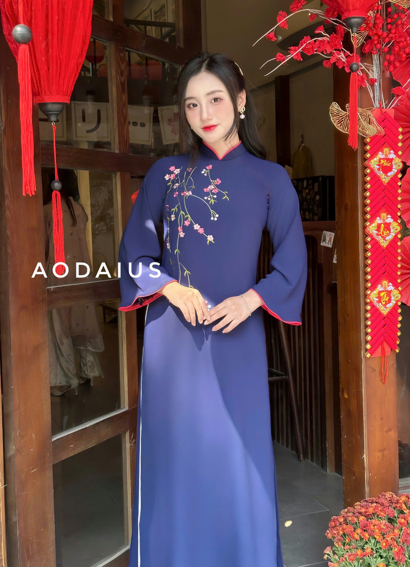 Navy Blue Ao Dai Dress With Loose Style For Women | Áo Dài Truyền Thống