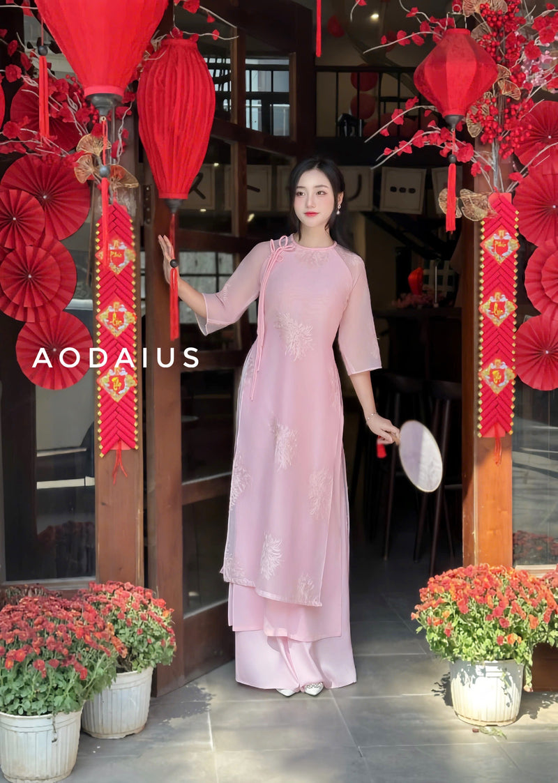 Pink\Green Double Layers Ao Dai For Women | Vietnamese Modernized Dress | Up to 10XL