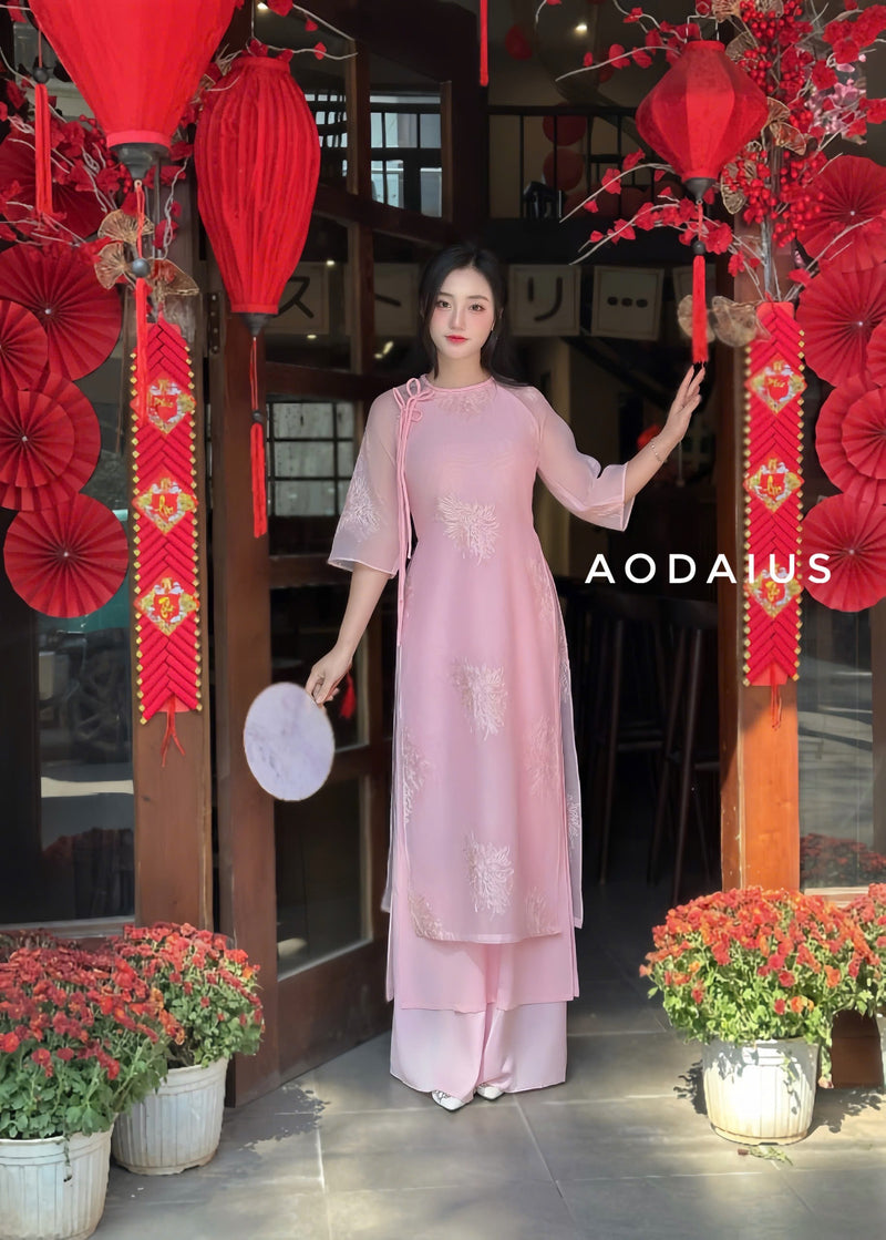 Pink\Green Double Layers Ao Dai For Women | Vietnamese Modernized Dress | Up to 10XL