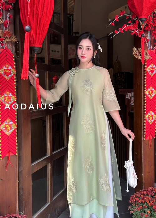 Pink\Green Double Layers Ao Dai For Women No Pants | Vietnamese Modernized Dress I1