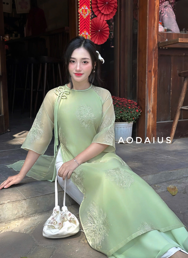 Pink\Green Double Layers Ao Dai For Women | Vietnamese Modernized Dress | Up to 10XL