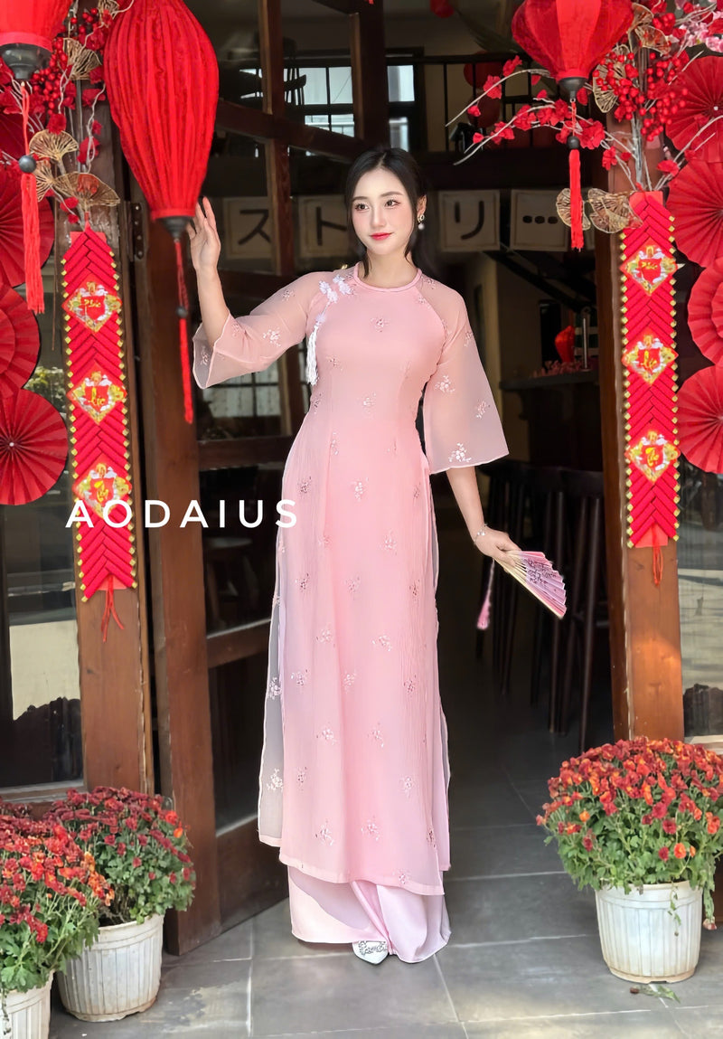 Cream\Pink Punch Needle Ao Dai For Women | Vietnamese Modernized Dress | Up to 10XL