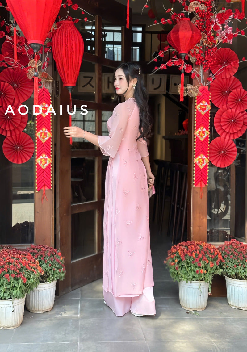 Cream\Pink Punch Needle Ao Dai For Women | Vietnamese Modernized Dress | Up to 10XL