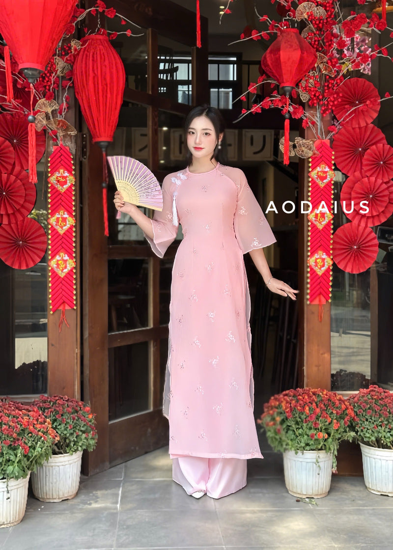 Cream\Pink Punch Needle Ao Dai For Women | Vietnamese Modernized Dress | Up to 10XL