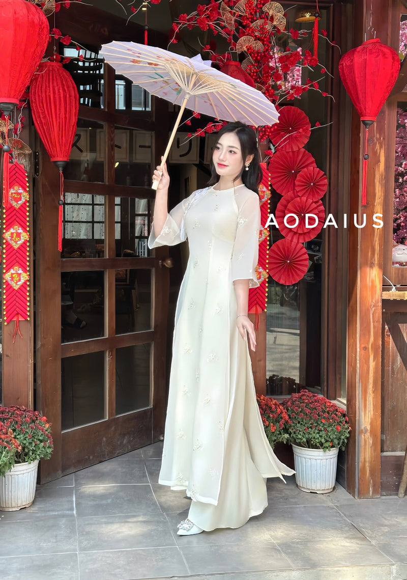 Cream Rose Punch Needle Ao Dai For Women | Vietnamese Modernized Dress | Up to 10XL