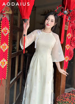 Cream Rose Punch Needle Ao Dai For Women | Vietnamese Modernized Dress | Up to 10XL