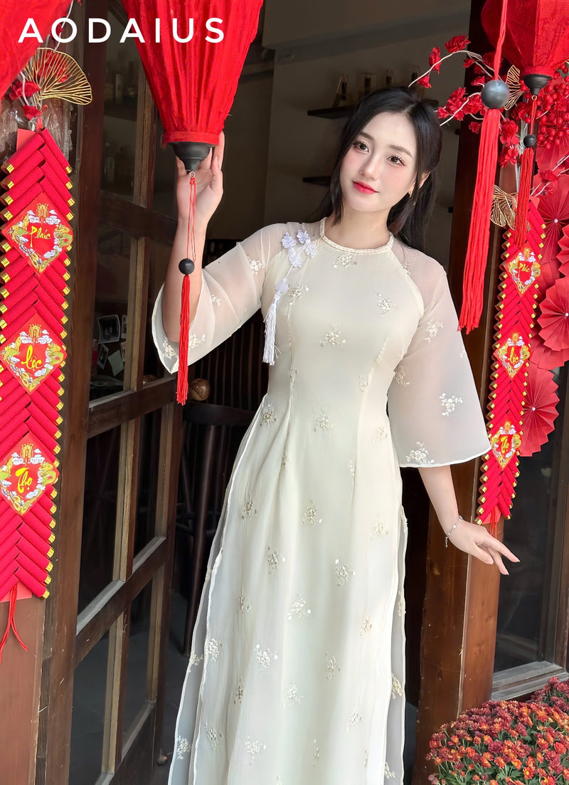 Cream\Pink Punch Needle Ao Dai For Women | Vietnamese Modernized Dress | Up to 10XL