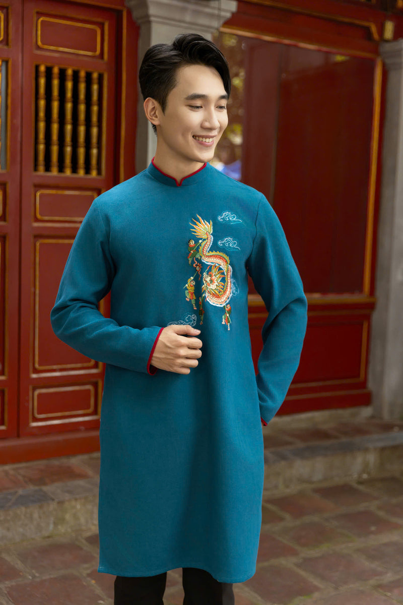 Blue Dragon Embroidered Ao Dai Men | Men Dress | o Di Nam Ao Dai US Blue Dragon Embroidered Ao Dai Men | Men Dress | o Di Nam Ao Dai US