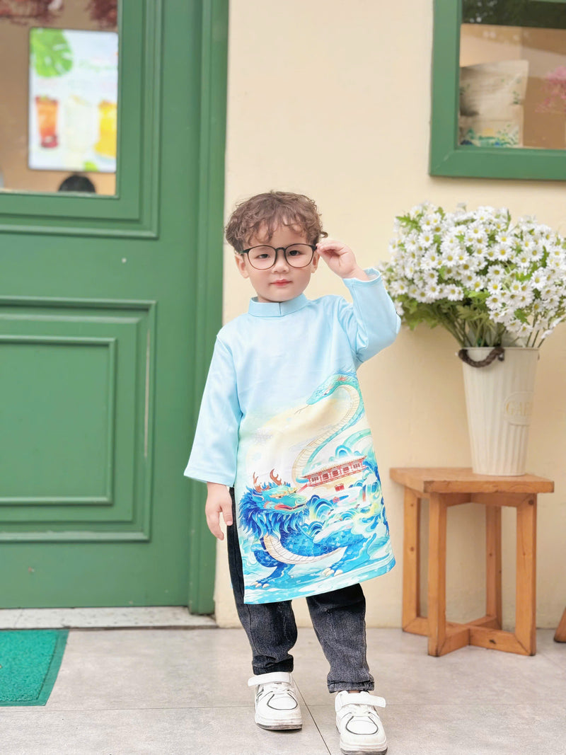 Aqua Dragon Ao Dai For Boys | Dress For Boys | Áo Dài Bé Trai | Long Dress Ao Dai | Viet Dress For Kids