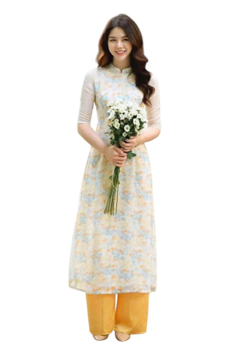 Mini Floral Vietnamese Traditional Dress | Long Dress Ao Dai | Women Ao Dai  Set