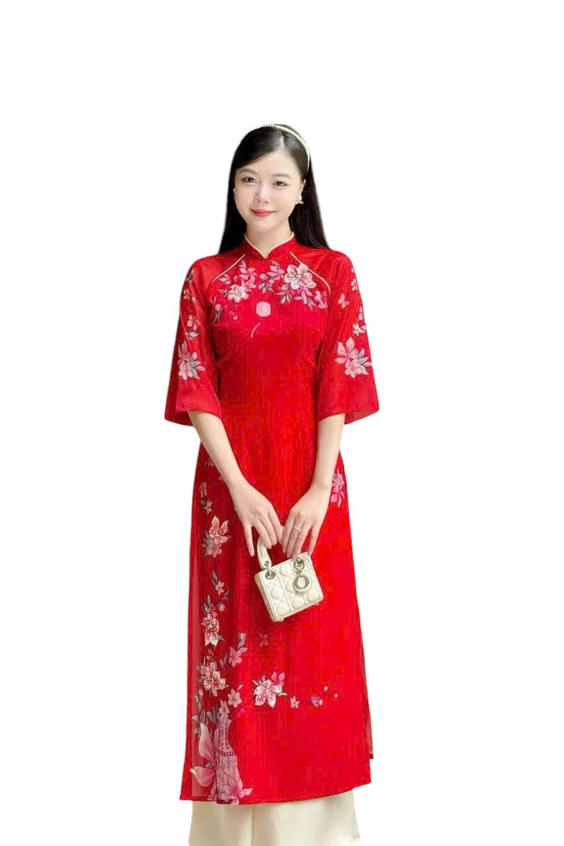 Ngọc Bình Áo Dài | Blue Red Vietnamese Traditional Dress for Women | Ao Dai For Wedding | Ao Dai Set