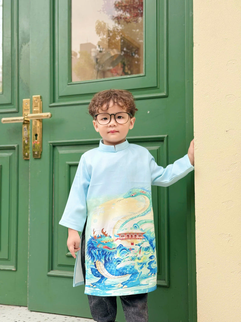 Aqua Dragon Ao Dai For Boys | Dress For Boys | Áo Dài Bé Trai | Long Dress Ao Dai | Viet Dress For Kids