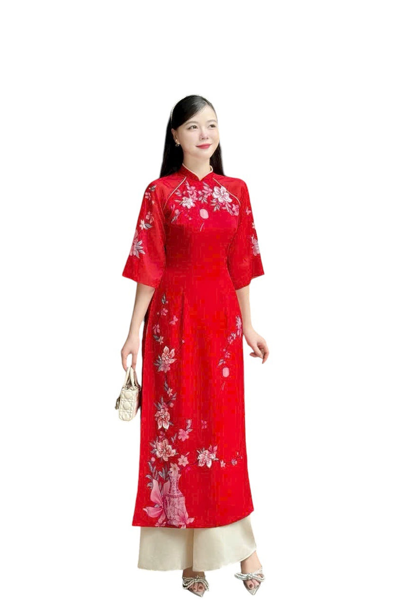 Ngọc Bình Áo Dài | Blue Red Vietnamese Traditional Dress for Women | Ao Dai For Wedding | Ao Dai Set