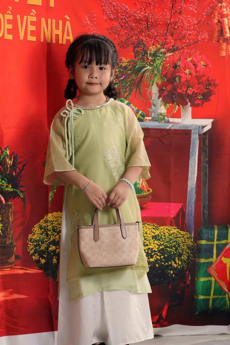 Green Ao dai with embroidery flowers | Traditional Kids Ao Dai Set | Ao Dai for Girls H53