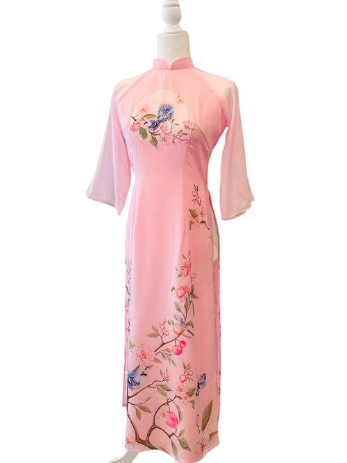 Bird- Peach Blossom Printed Modernized Ao Dai Set | Vietnamese Ao Dai | Áo Dài Cách Tân H34