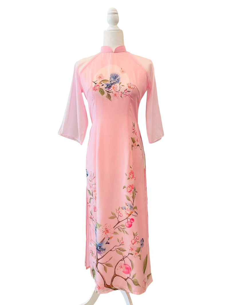 Pre-made Bird- Peach Blossom Printed Modernized Ao Dai Set | Vietnamese Ao Dai | Áo Dài Cách Tân