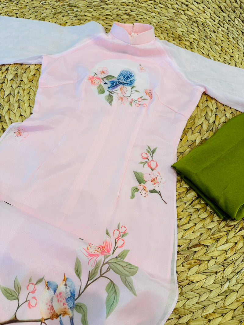 Pre-made Bird- Peach Blossom Printed Modernized Ao Dai Set | Vietnamese Ao Dai | Áo Dài Cách Tân