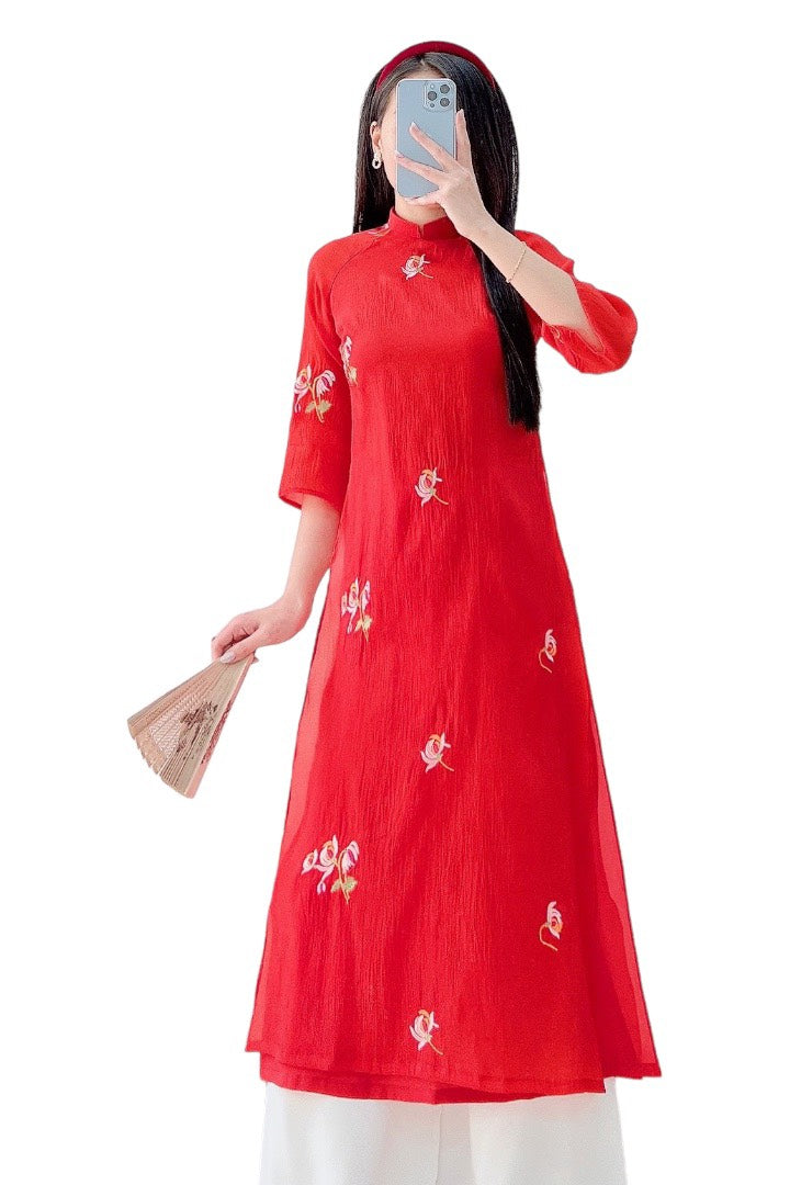 Pre-made Red Modernized Ao Dai Set | Vietnamese Ao Dai | Áo Dài Cách Tân