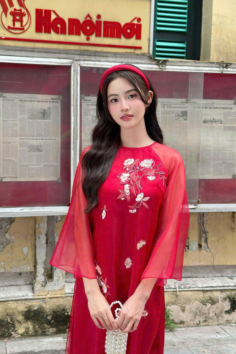 Red Ao Dai Dress | Vietnamese Modernized Dress | Luxury Ao Dai For Special Event