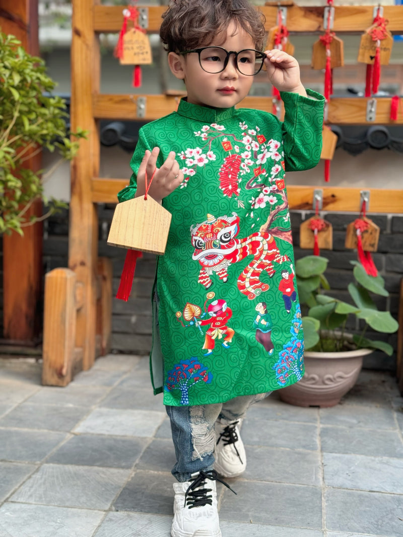 Green Dress For Boys | Áo Dài Bé Trai | Printed Ao Dai For Son | Ao Dai Tet