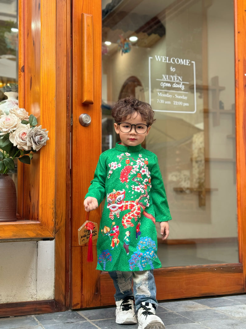 Green Dress For Boys | Áo Dài Bé Trai | Printed Ao Dai For Son | Ao Dai Tet