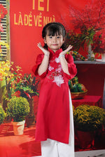 Red Ao dai with embroidery Lotus flowers | Traditional Kids Ao Dai Set | Ao Dai for Girls H53